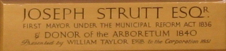 Portrait's Plaque. Joseph Strutt Esqr. Donator of the Arboretum in 1840